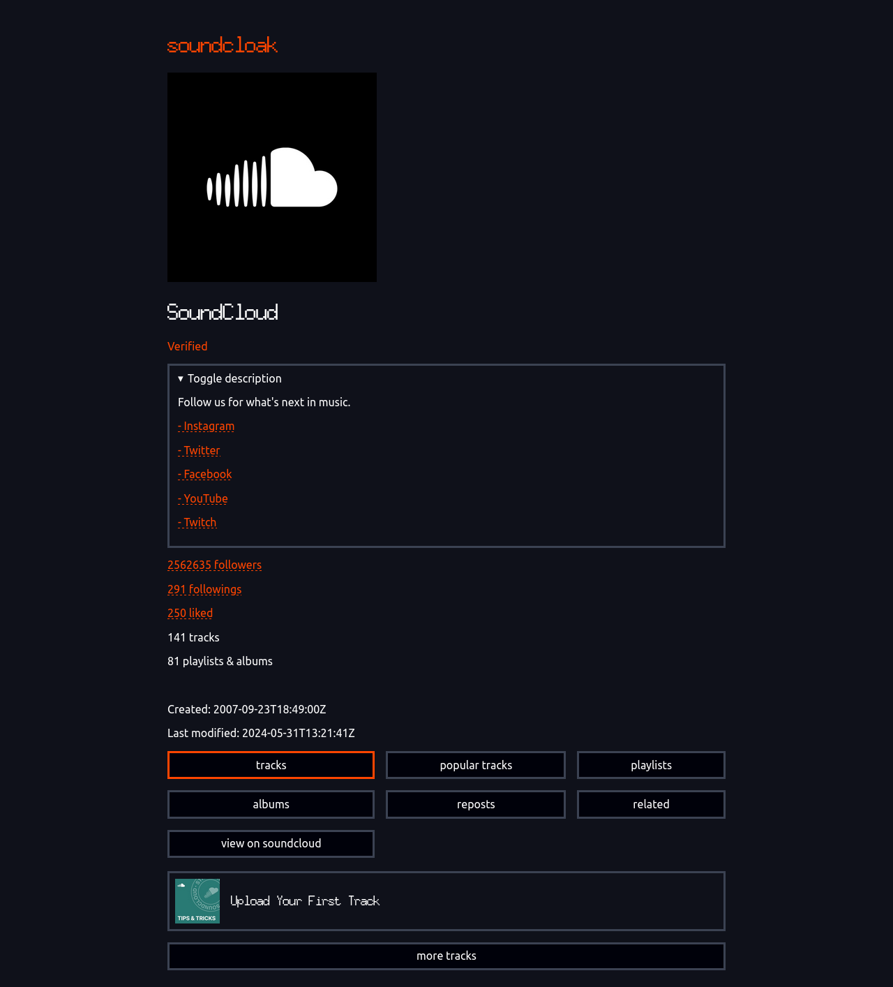 "soundcloud" profile page. The description is expanded. GetWebProfiles is enabled in backend