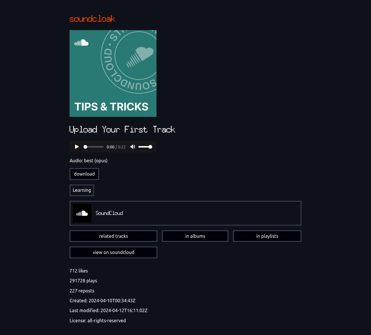 "soundcloud/upload-your-first-track" track page. ShowAudio is enabled, Player is Restream and Streaming audio is "best" in frontend